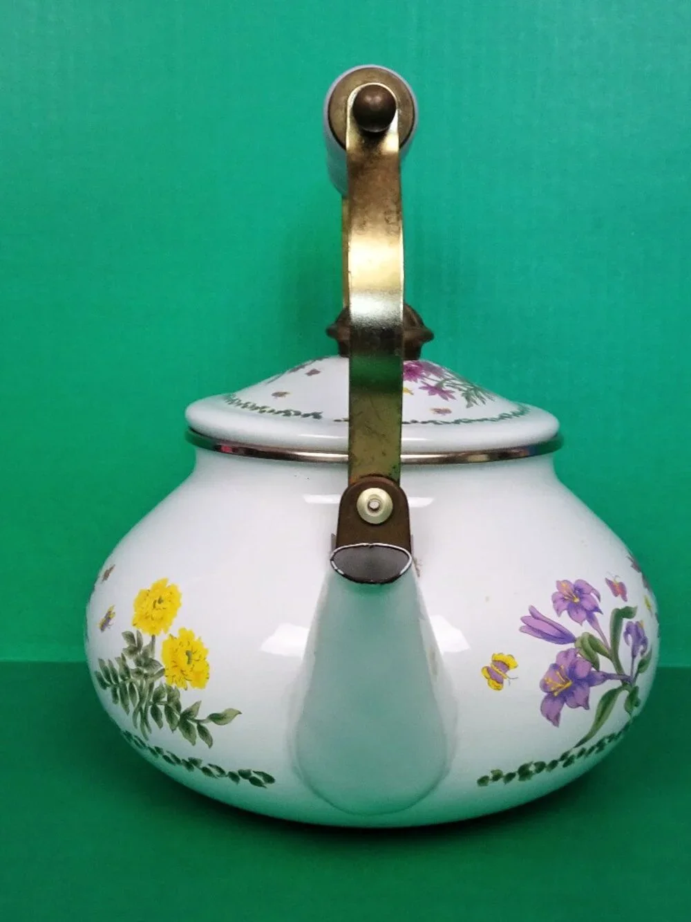 Vintage Lincoware Flowers Butterflies Enamel on Metal Tea Pot Kettle Farmhouse